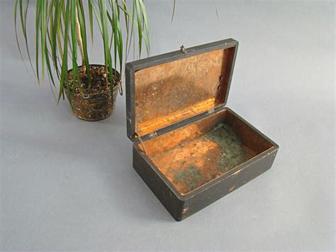 antique metal lined wood box cylinder|antique metal box with hinged lid.